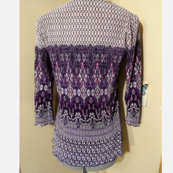 NOTATIONS Ring front Layered look Blouse S Purple Pink Scarf print ScoopNeck top - Picture 5 of 6